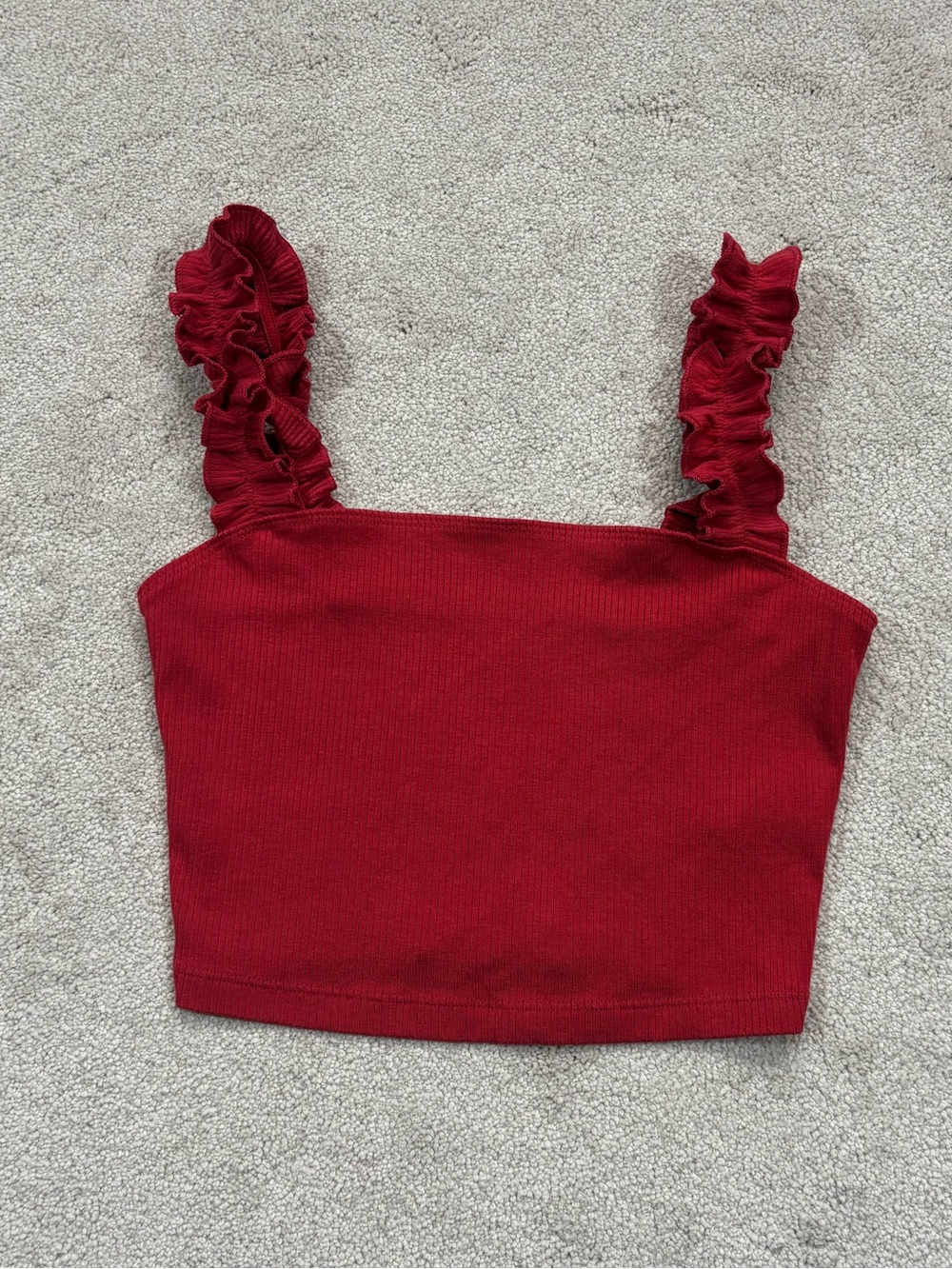 Sunday Best Aritzia Red Ribbed Ruffle Strap Crop Tank Coquette Size XS
